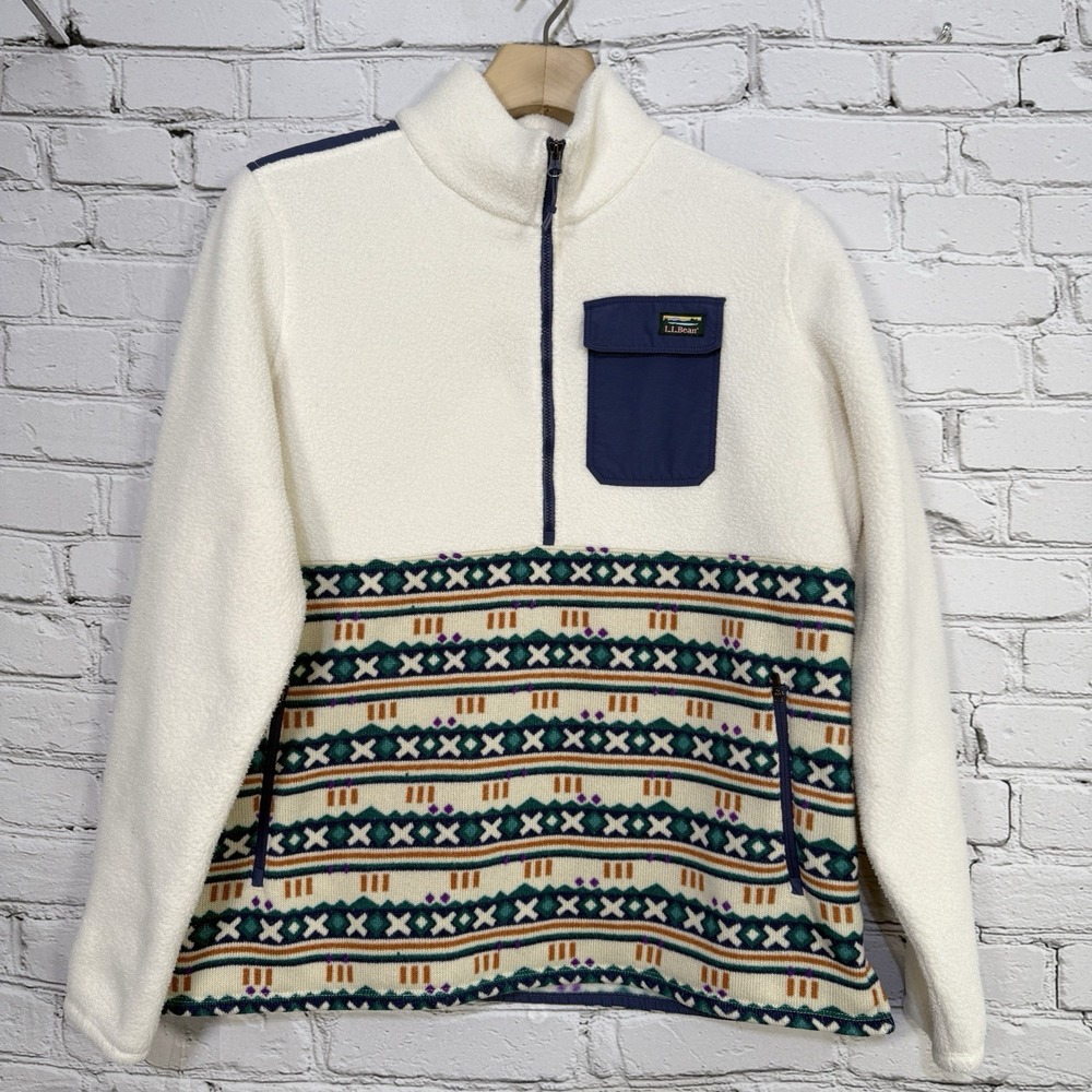 LL Bean Women's Hybrid Sweater Fleece Size L Sherpa Half Zip Pullover Fair Isle